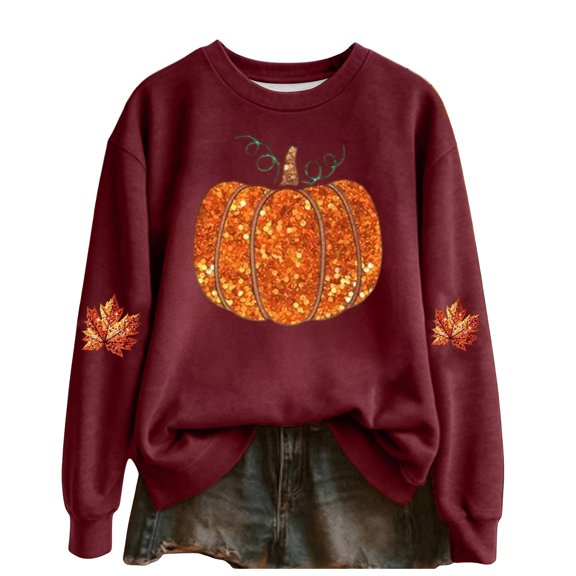 Womens Plus Size Crew Neck Halloween Sweatshirts Trendy Big Pumpkin Maple Leaf Printed Pullovers Causal Fall Long Sleeve Graphic Tops Brick Red L