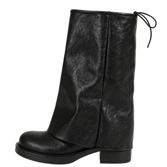 hopeusnice Round Toe Lace Up Slouch Mid Calf Boots Women Leather Chunky Boots for Fashion Outfits Black 36