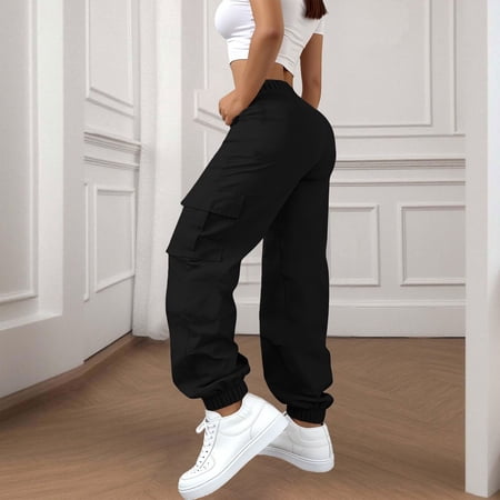 Women s Plus Size Cargo Pants High Waisted Stretchy Work Pants Elastic Ankle Casual Utility Pants for Women Baggy Wide Leg Streetwear Trousers Black XL