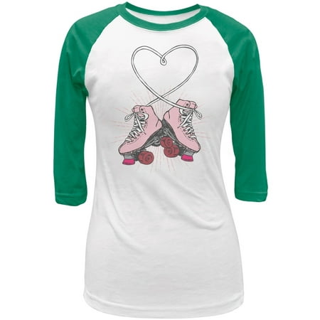 Roller Skate Heart White/Kelly Green Juniors 3/4 Raglan T-Shirt