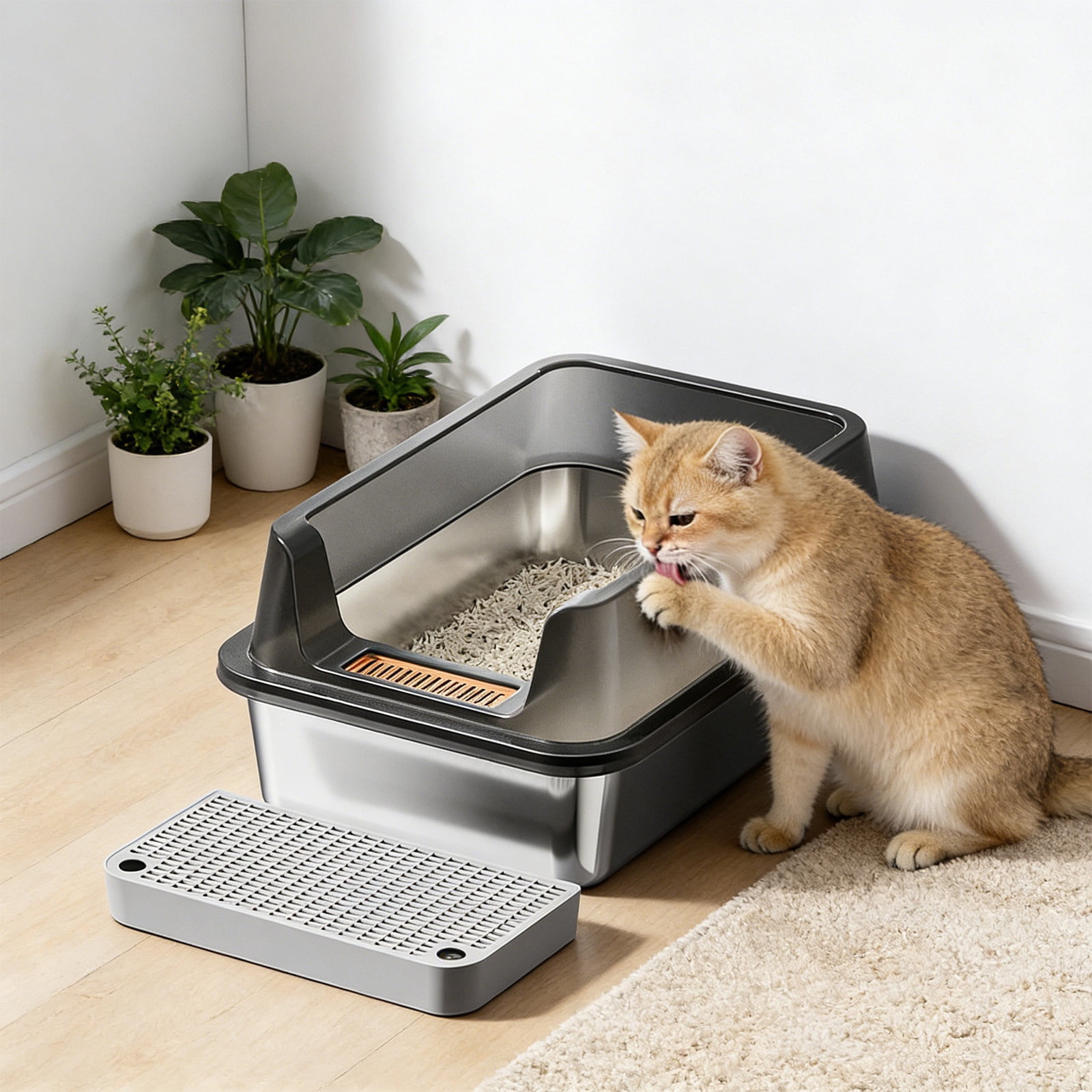 Stainless Steel High Sided Litter Box, Large Open Top Cat Litter Pan with Step Platform, Odor Resistant & Easy Clean, Non-Slip Kitty Tray with Scoop for Small & Large Cats