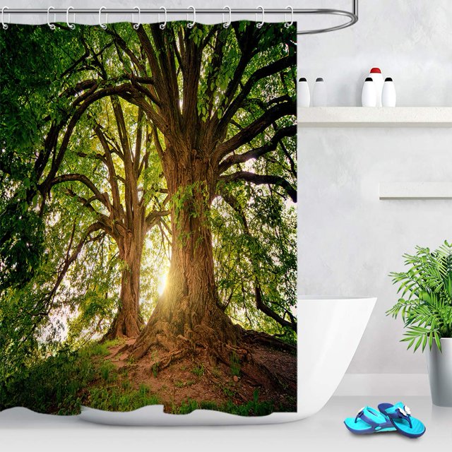 LB Tree of Life Shower Curtain Green Trees with Blooming Branches Jungle in Sunshine Scene 4 Season Shower Curtain 78x72 Inch Waterproof Fabric with 12 Hooks
