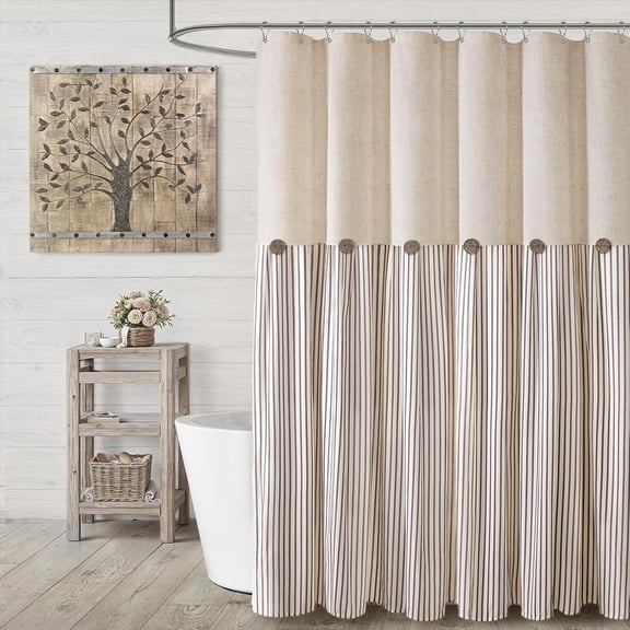 Farmhouse Shower Curtain Linen Beige Button Woven Fabric Country Rustic Western, Pleated Brown Stripe 72" W x 72" L