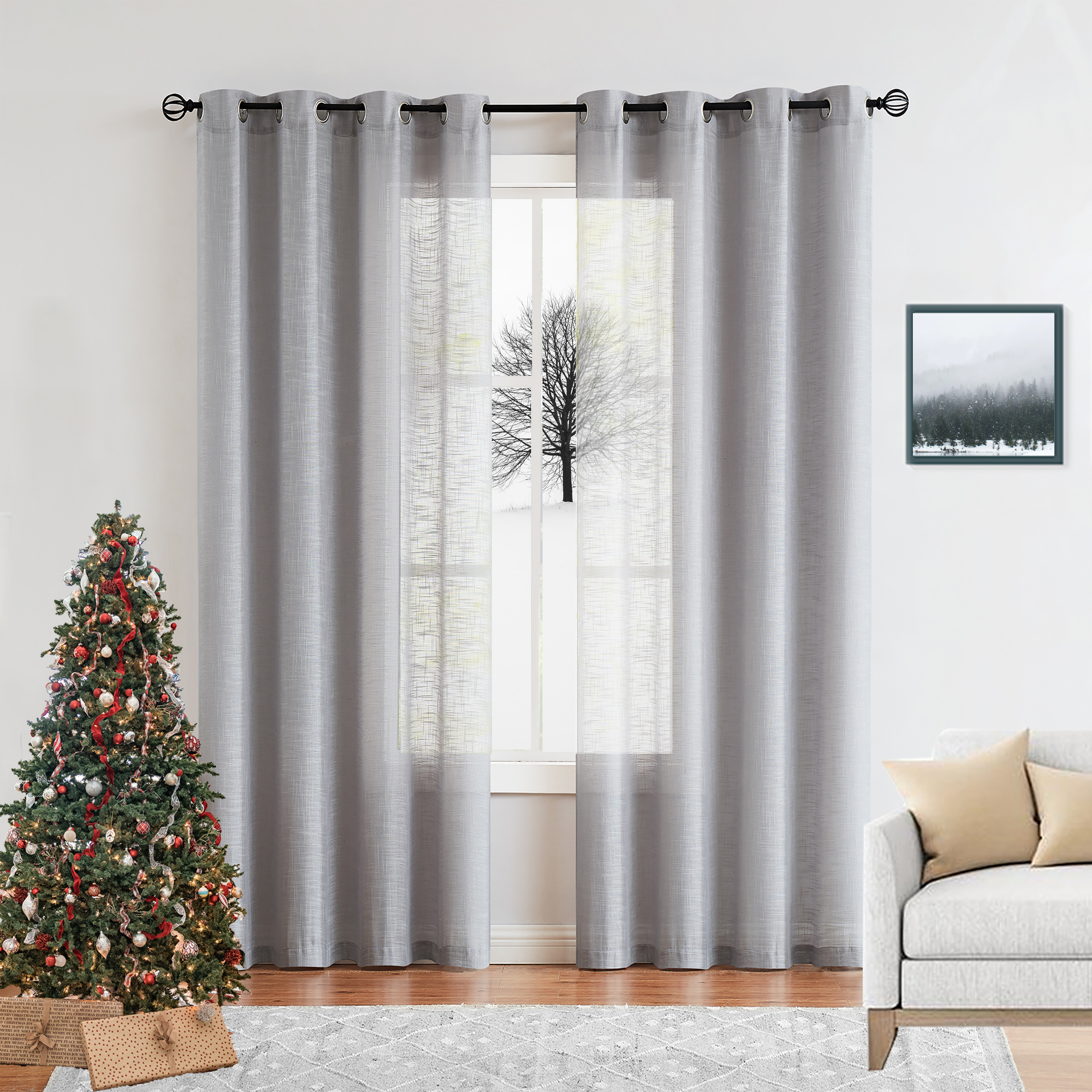 Decoultimatex Grey Sheer Curtains for Living Room Linen Textured Semi-Sheer Window Curtain Drapes 84-inch Length 52' w 2 Panels Grommet Top