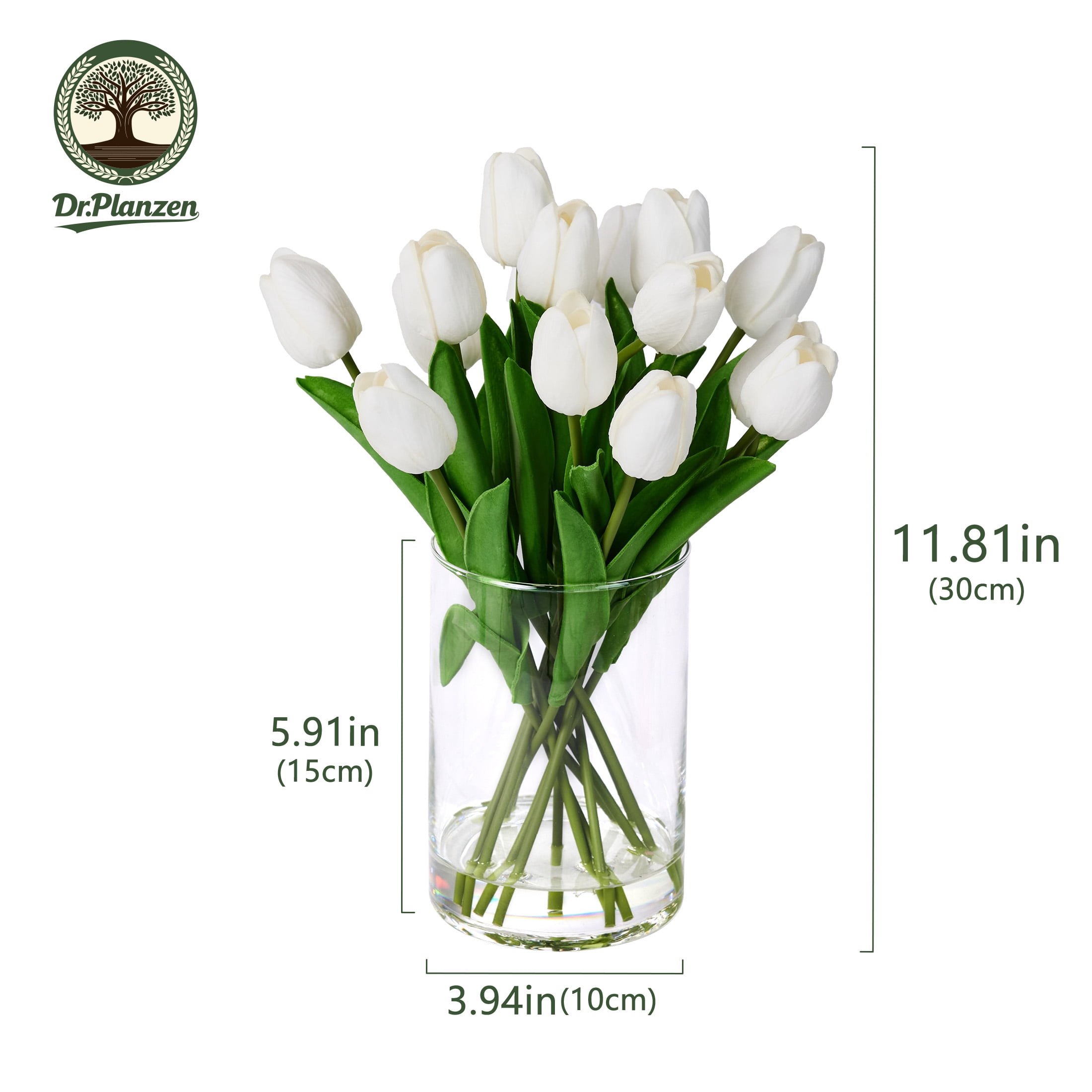 DR.Planzen 12in Artificial White Tulips Fake Flowers in Glass Vase Real Touch Tulips – Faux Tulips Bouquet with Faux Water, Tulips Centerpiece for Spring Home Decor Dining Table Wedding Mothers Day