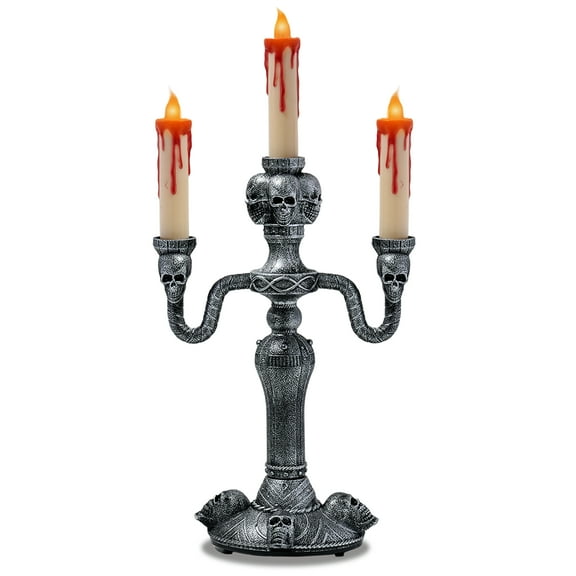 Skeleteen Haunted Halloween Candelabra Prop - LED Light up Skull Indoor Candelabra Candlesticks Holder Home Decoration for Halloween