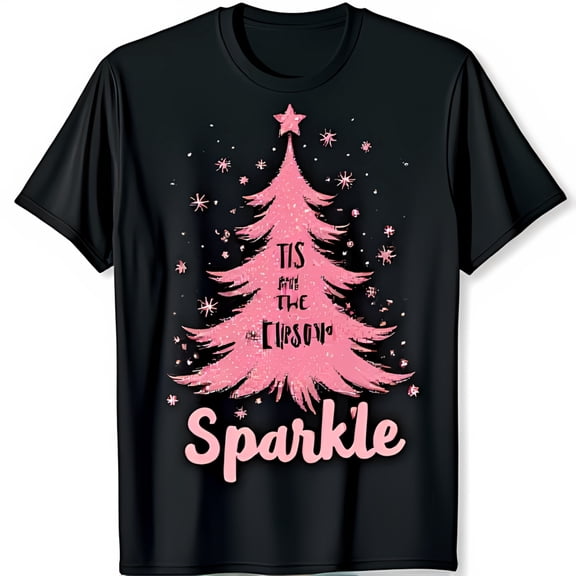 Sparkly Pink Christmas Tree T-Shirt Tis the Season Glitter Design on Black