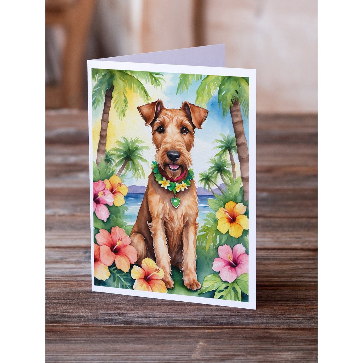 Irish Terrier Luau Greeting Cards Pack of 8 7 in x 5 in
