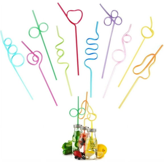 Casewin 10 Pieces of Colored Plastic Straws, Party Curly Straws, Reusable Straws, Creative Modeling Straws, Beverage Decorations, Suitable for Milk, Juice, Cocktails (Random Colors)