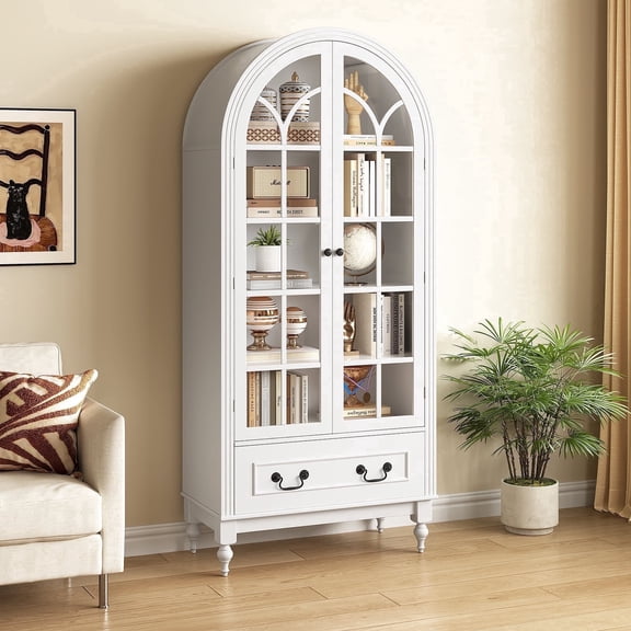 67" Tall White Arched Display Cabinet, Elegant Glass Storage Cabinet for Dining Room, Living Room, Hallway