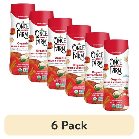 (6 pack) Once Upon a Farm Organic Baby Puffs, Apple, Sweet Potato & Coconut, 1.5oz Canister