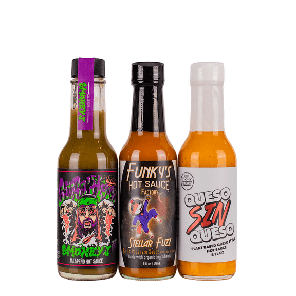 Hot Ones Season 23 Warmup Pack, Hot Sauce Pack with Smokey J, Stellar Fuzz & Queso Sin Queso, 5 Fl oz Bottles (3-Pack)