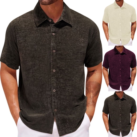 Goodtrade8 Mens Summer T-Shirts Solid Color Button Collared Casual Dress Shirts Outdoor Short Sleeve Crew Neck Shirts for Men Vintage