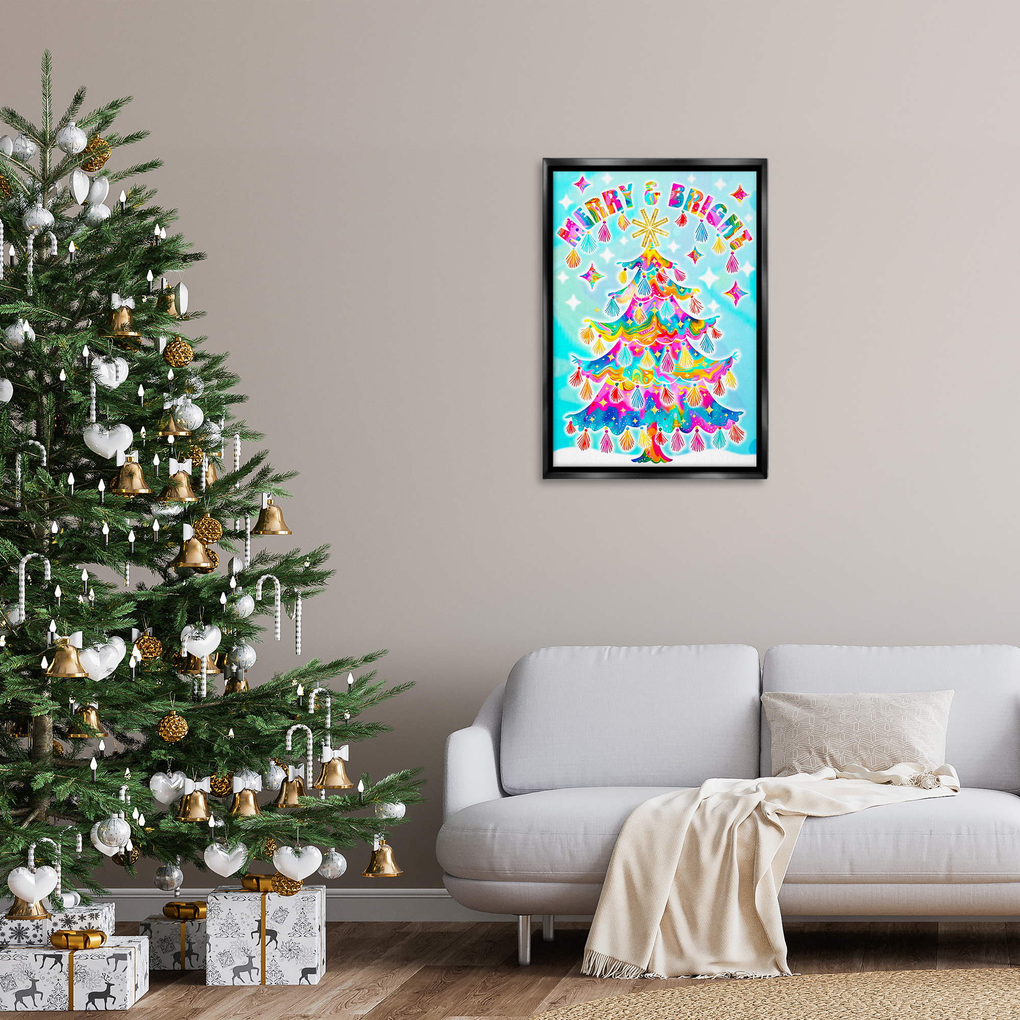 Stupell Industries Eclectic Merry & Bright Holiday Painting Black Floater Framed Canvas Art Prints Wall Art, 21 x 31
