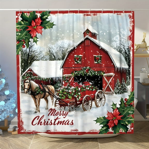 Merry christmas decorations winter Polyester Shower Curtain set floral horse winter scene red green Polyester Shower Curtain washable for xmas holiday bathroom 72x72 inch
