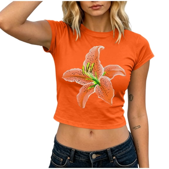 Gamivast Crop Tops for Women Short Sleeve Y2K Baby Tee Floral Graphic Print Shirts Casual Slim Fit Summer Basic T-Shirts Flattering Everyday Going Out Loungewear Top Orange S