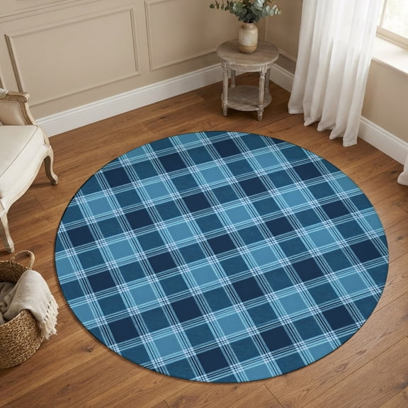 Round Area Rugs 4Ft, Teal Blue Checkered Non-Slip Washable Circle Rugs Carpet, Modern Farmhouse Blue Plaid Indoor Outdoor Rug Floor Mats Throw Runner for Bedroom Living Room Bathroom