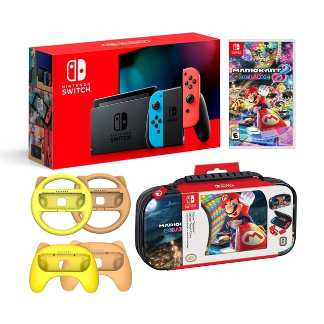 Nintendo Switch Mario Kart 8 Deluxe Bundle: Red and Blue Joy-Con Improved Battery Life 32GB Console, Joy-Con Grip Set of 4, Mario Kart 8 Deluxe Game Disc and Travel Case Nintendo HADSKEAAA