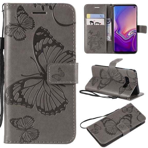 S10e Case, Samsung Galaxy S10e Case - Allytech Premium Wallet PU Leather with Fashion Embossed Floral Butterfly Magnetic Clasp Card Holders Flip Cover with Hand Strap, Gray