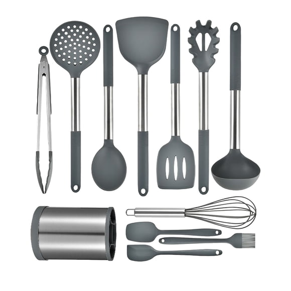 12PCS Kitchen Cooking Utensil Set Silicon Non Slip Kitchen Gadgets Essential Cookware Tools with Rotatable Holder for Home Dark Gray
