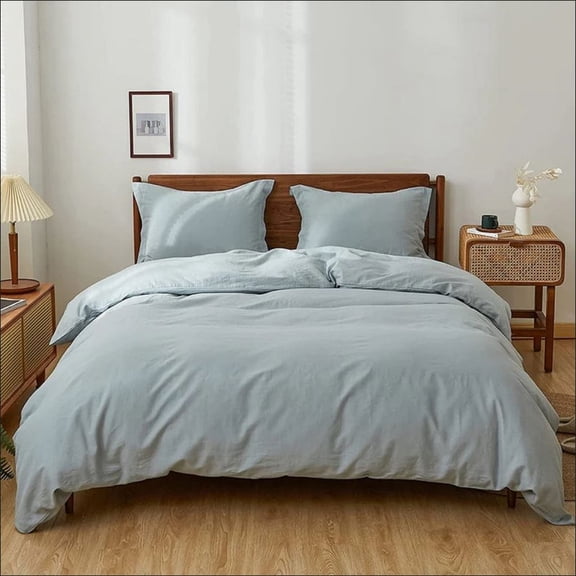 Pavish Export Duvet Cover Set 100% Washed Cotton Linen Feel Comfortable Lightweight 3 Pcs Sky Blue Twin