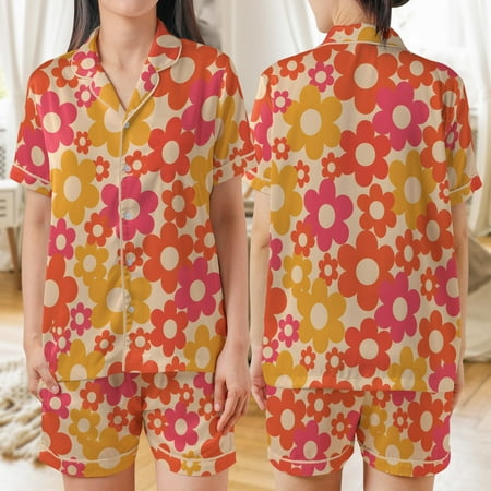 Lotusprinthandmade Retro 70s Floral All-over Print Satin Short-Sleeve Pajamas Set (No Pocket) (4XL) retro 70s floral satin pajama set vintage floral print sleepwear
