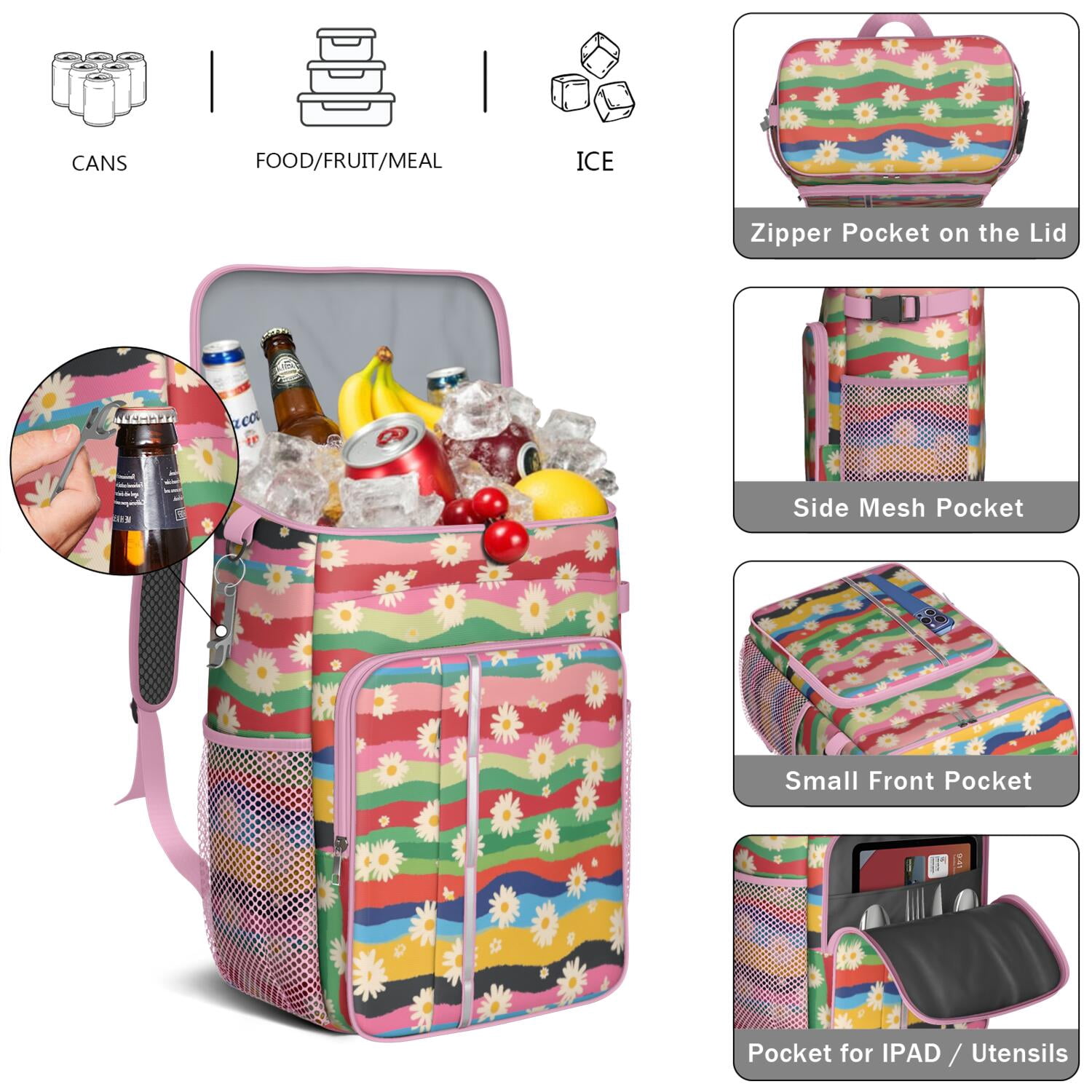 Travel Cooler Bag - Pioneer Flower Camping Beer Cooler Backpack with Bottle Opener- Waterproof Insulated Picnic Backpacks - Cooler Bag for Beach