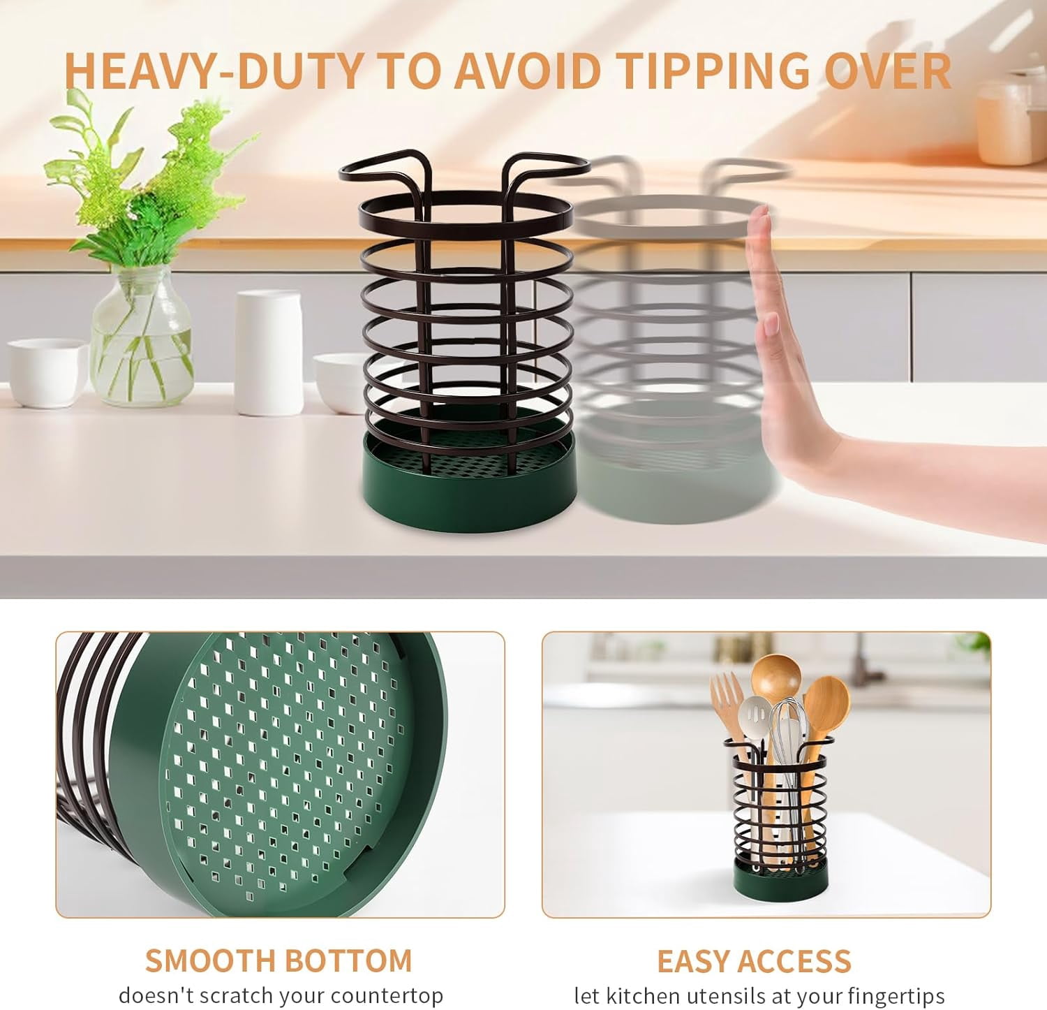 ABPETE Utensil Holder for Kitchen Counter,Modern Metal Utensil Holder with Green Stable Base,Large Cooking Utensil Crock Organizer for Spatula & Spoon,Farmhouse Kitchen Decor