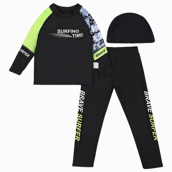 enyan Boys Swim Sets Kids Rash Guard Long Sleeve Swimsuits with Swim Trunks Boys Bathing Suit,Black,7-8 Years