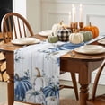 thumbnail image 4 of Fall Table Runner Thanksgiving Blue Eucalyptus Leaves Table Runners Autumn White Pumpkin Wood Cotton Linen Dresser Scarf Kitchen Dining Table Decor for Fall Holiday Party Decor 13x36 Inch, 4 of 9