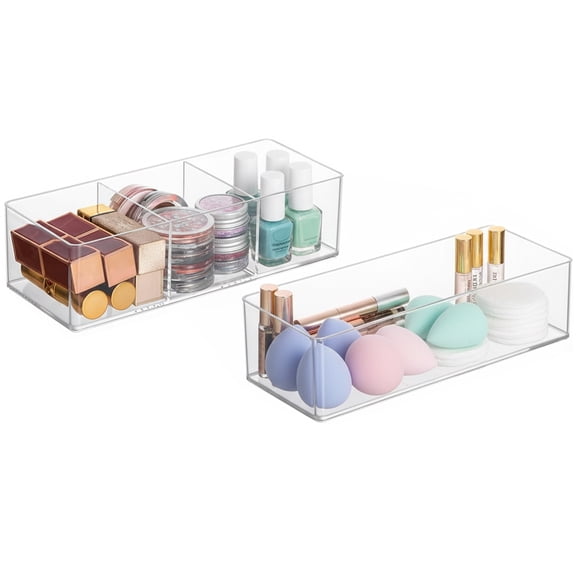 2 Pack Acrylic Makeup Organizers, Clear Bathroom Organizer for Drawer, Stackable Acrylic Drawer Organizer for Vanity and Countertop