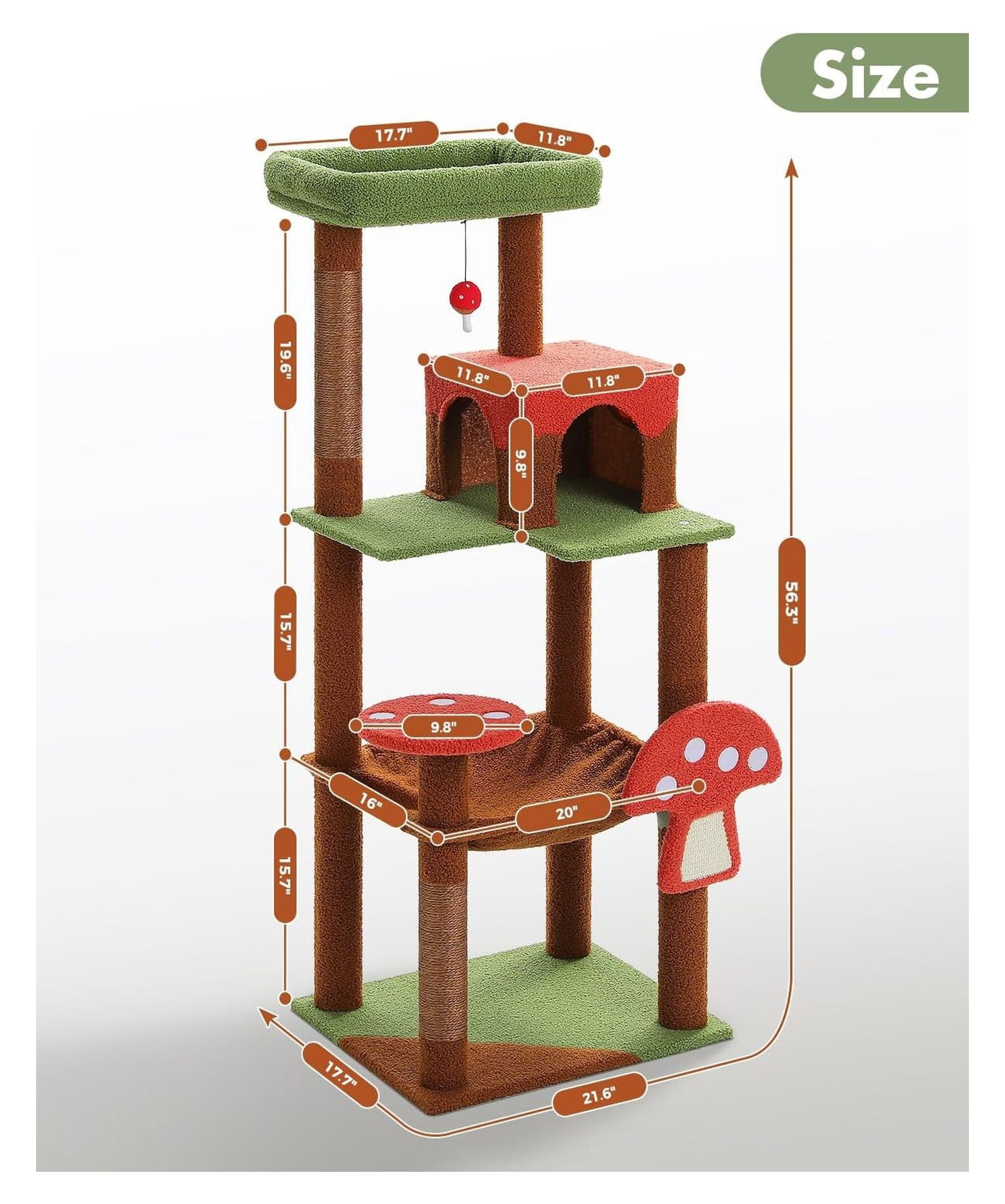 Cat Tree Tower with Mushroom Scratcher, Large Hammock & Condo - Multi-Level Cat Tree for Indoor Cats, Small Space, Cute Pastel Design