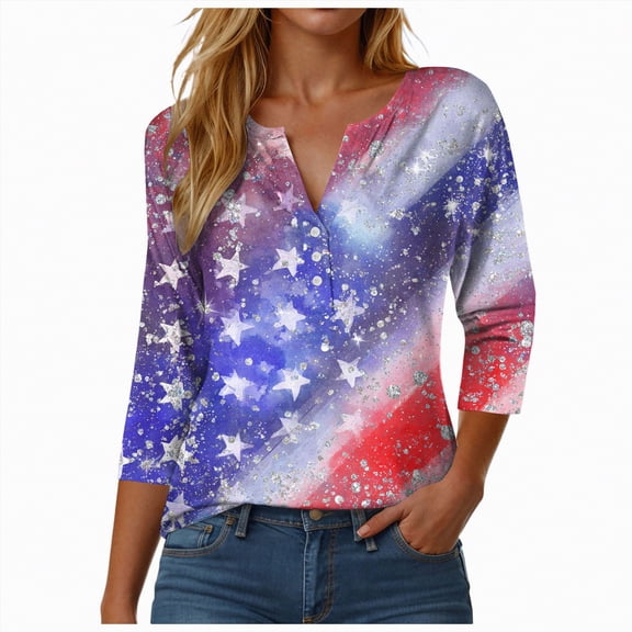 UngA America 250th Anniversary Shirt Women American Flag 3/4 Sleeve Shirt 4th of July T-Shirt USA Flag Patriotic Tee Tops (Sky Blue,XL)