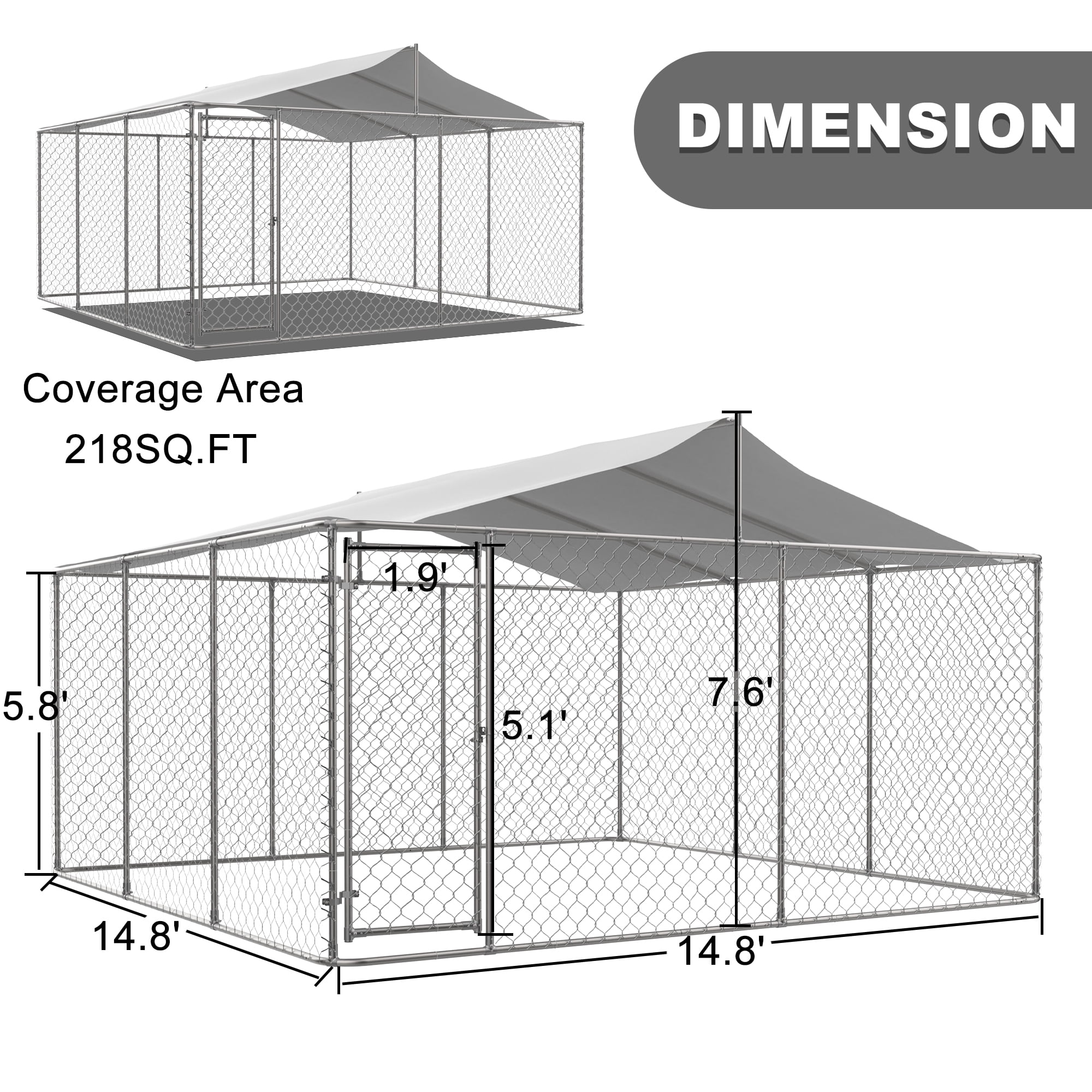 Wiilayok 15 x 15ft Outdoor Dog Kennel Heavy Large Outdoor Dog Playpen with Secure Lock Sturdy Galvanized Metal Frame with Waterproof Roof Cover(14.8‘L x 14.8’W x 5.8‘/7.6‘H)