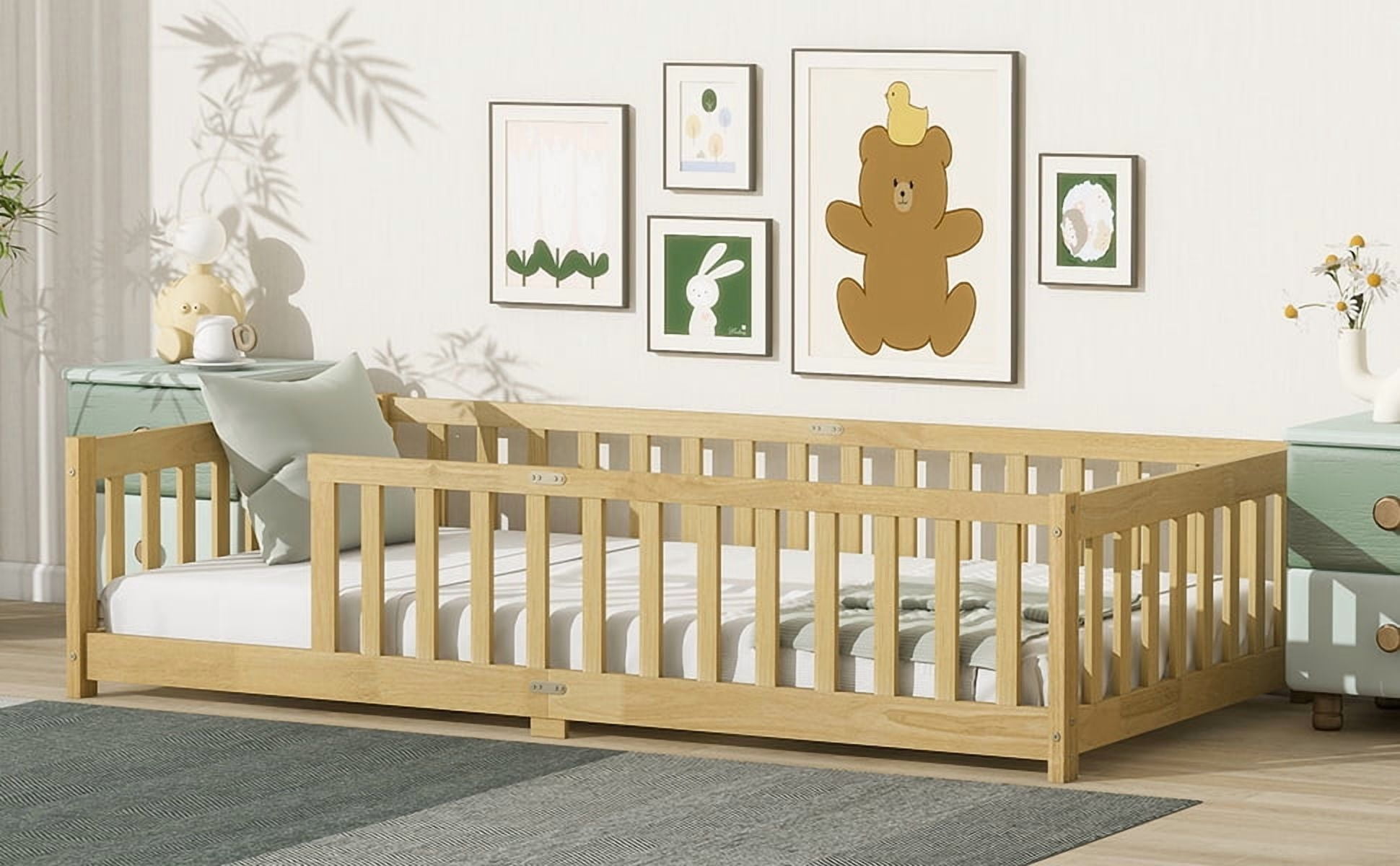 Twin Size Floor Bed with Fence without Door, Rubber Wood Floor Bed with Safety Guardrails,Natural