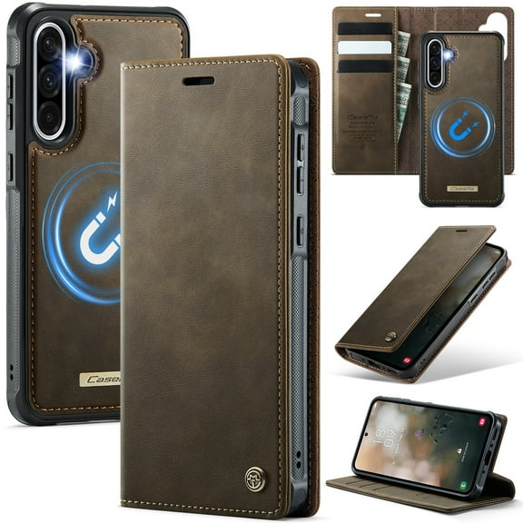 Feishell Case for For Samsung Galaxy S24 Plus,Detachable 2 in 1 Strong Magnetic Cash Wallet Case with Card Holder,Flip Kickstand RFID Blocking Shockproof Protective Folio PU Leather Cover,Coffee