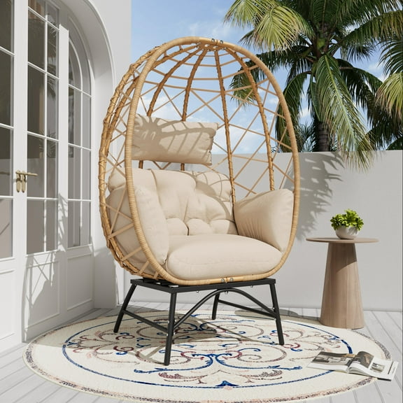 SWITTE Outdoor Wicker Egg Chair Indoor Outdoor Egg Patio Chair with Cushions, Beige