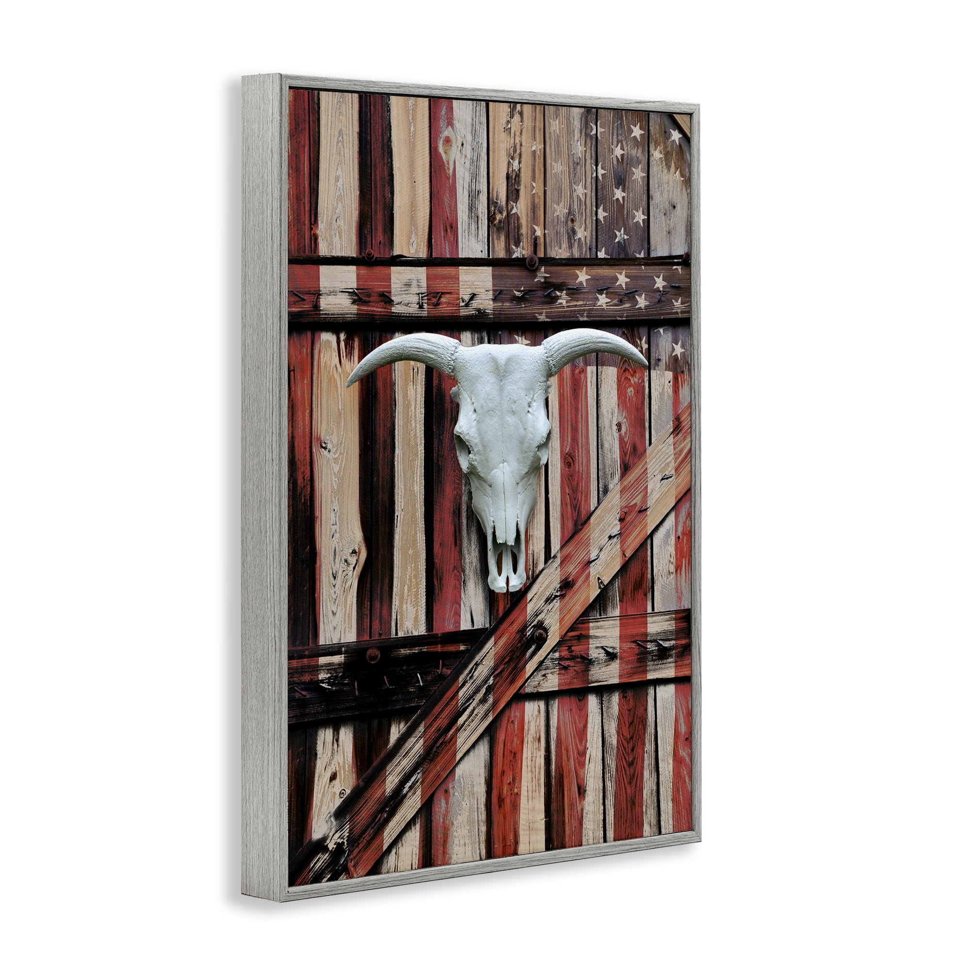 Stupell Industries Patriotic Cow Skull Transportation Painting Gray Framed Art Print Wall Art, 16 x 24