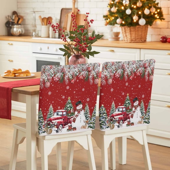 Christmas Truck Snowman Chair Covers Set of 4 Xmas Ball Snowflakes Animal Red Chair Back Covers Stretch Removable Washable Slipcovers Protector for Dining Room Kitchen Party Decor
