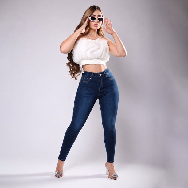 Jeans basico de cadera alta super skinny azul oscuro SE4764