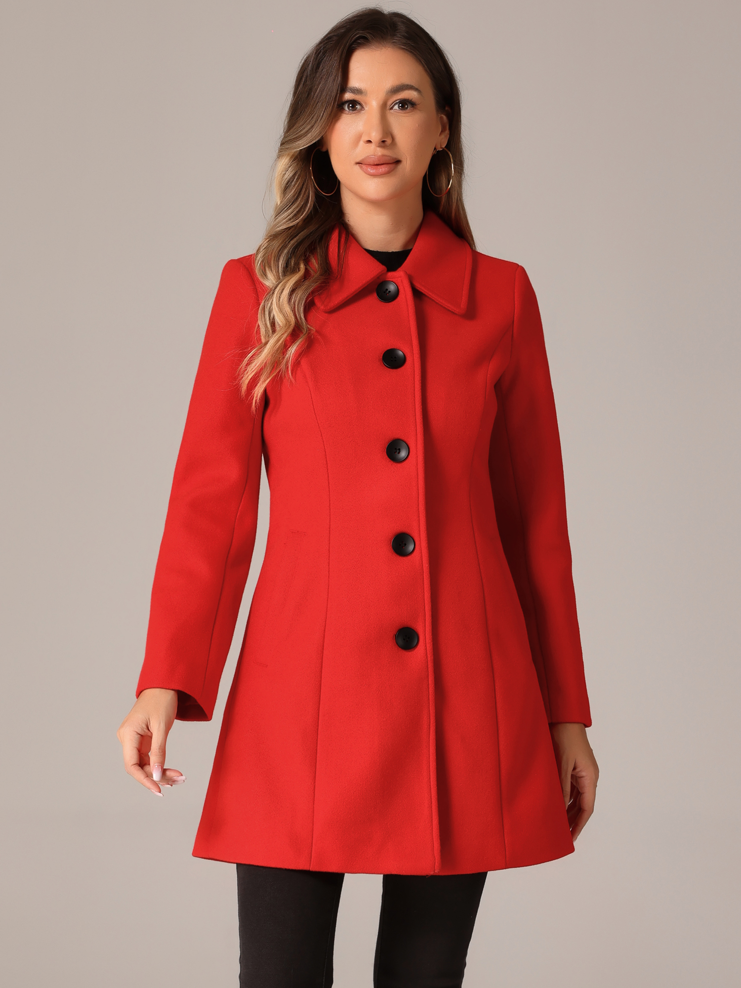 DARING DIVA Women's Casual Winter Single Breasted Mid Length Overcoat Red S