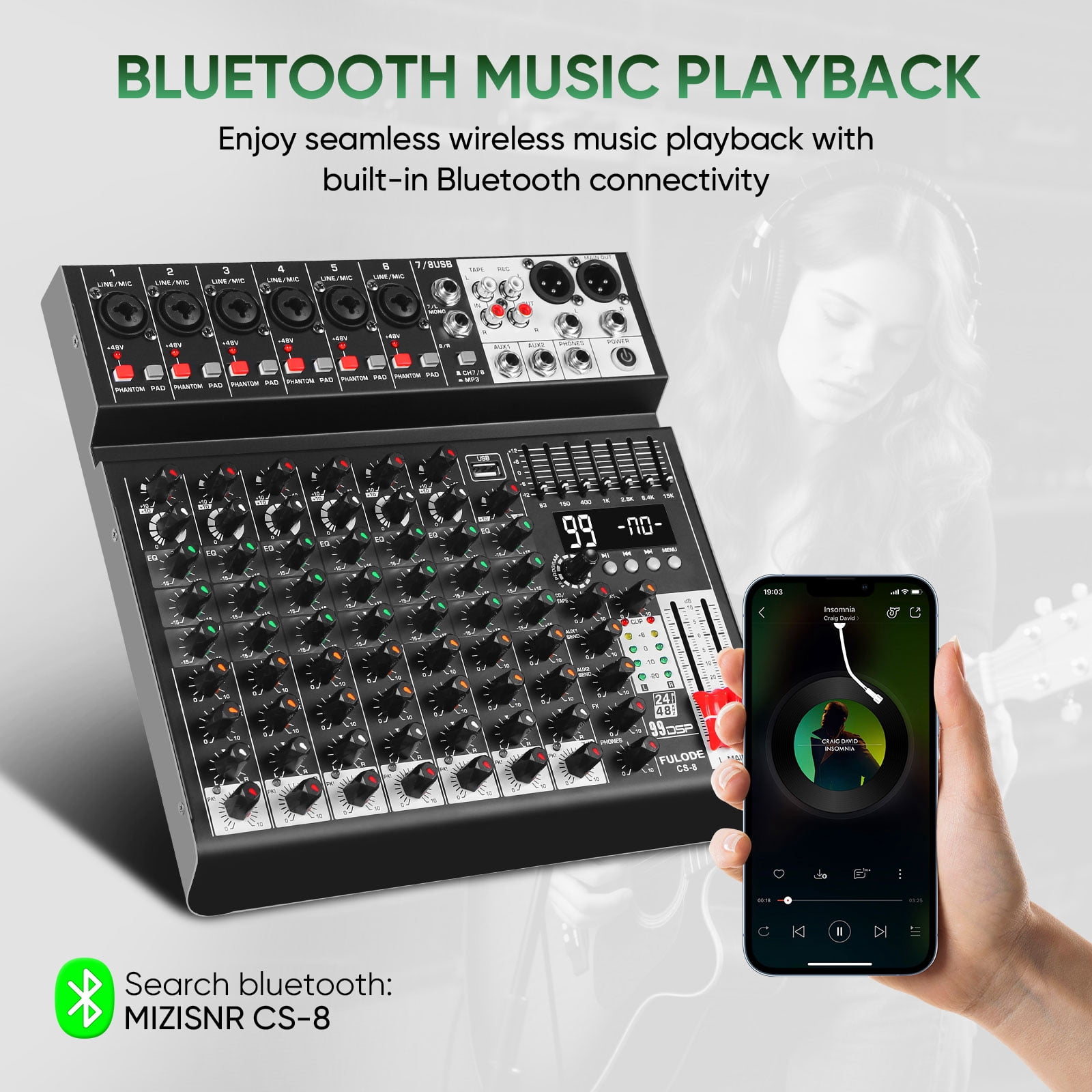 Audio Mixer 8 Channel Sound Mixer Console, Professional Music Mixing Board DJ Mixer w/ 99 DSP, 7-band EQ, USB, Bluetooth, 48V Phantom Power & PAD Function for Recording PA Live Live Streaming