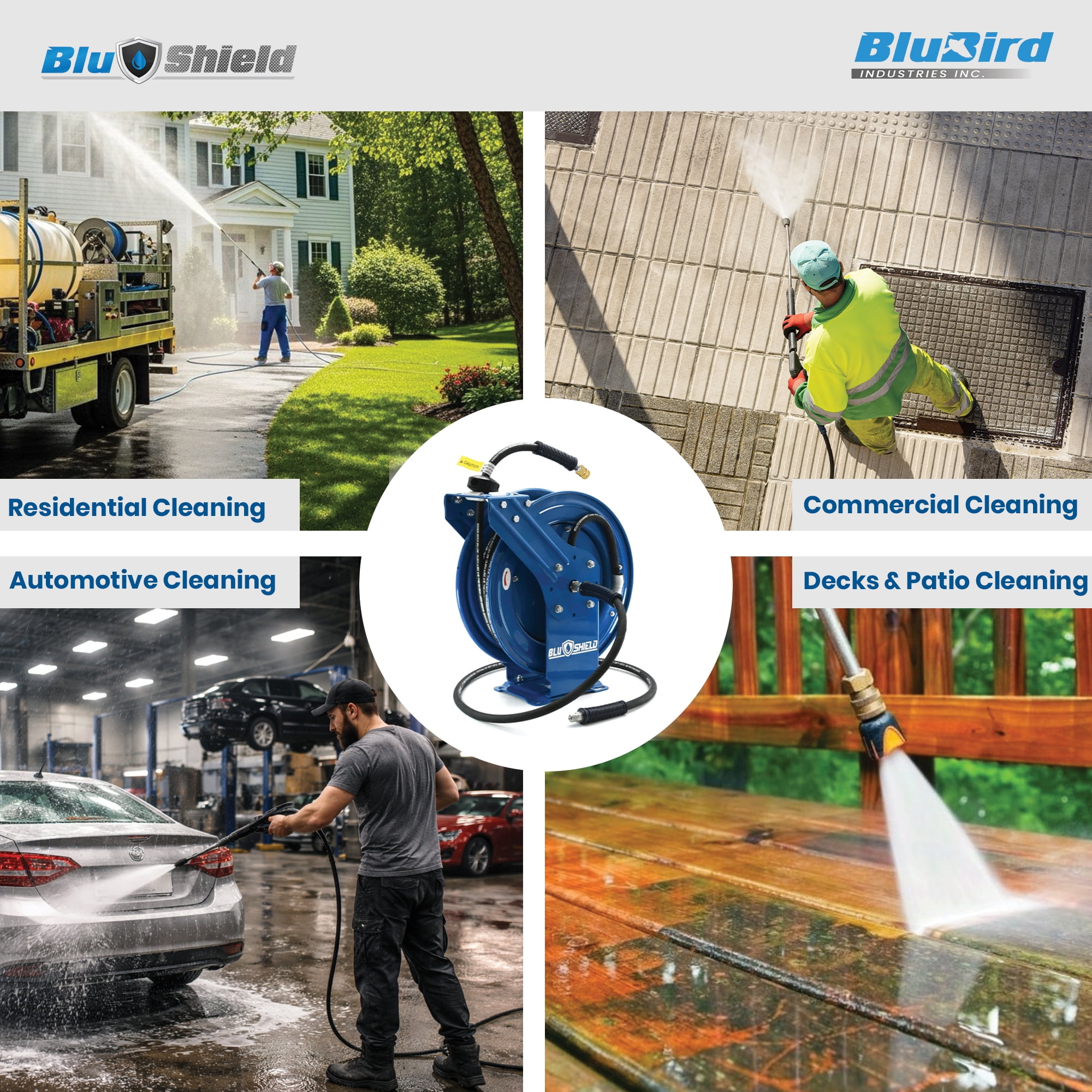 BluShield Pressure Washer Hose Reel with Aramid Braided Hose, 4100 PSi 6' Lead-in Hose, NPT, Lighter, Stronger, Flexible, 1-Year Warranty (3/8" x 50' w/Coupler Plug)