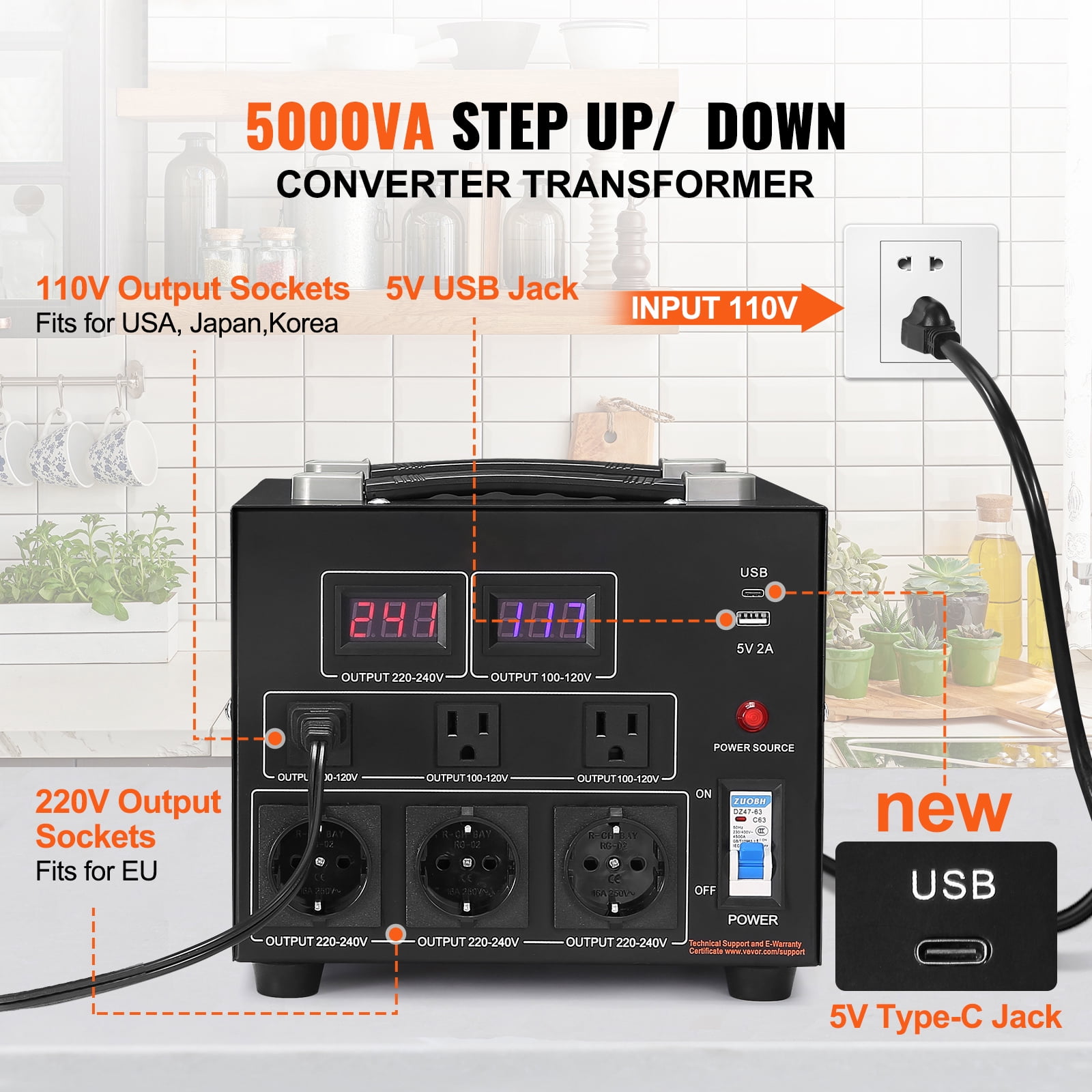 VEVOR 5000W Voltage Converter Transformer, Heavy Duty Step Up/Down Transformer, Convert from 110 Volt to 220 Volt, with US Outlet EU Outlet 5V USB Port, CE Certified