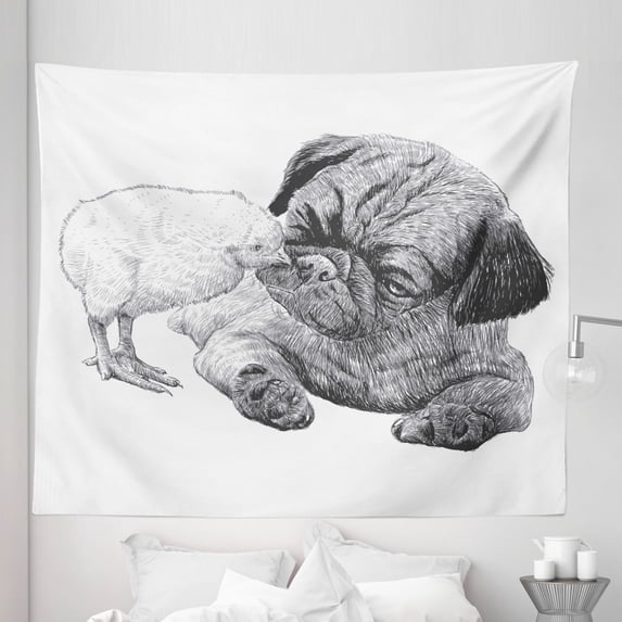 Pug Tapestry, Picture of a Pug and Little Chick Drawn by Hand Love Affection Between Animals, Fabric Wall Hanging Decor for Bedroom Living Room Dorm, 5 Sizes, Charcoal Grey White, by Ambesonne