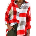 thumbnail image 1 of Frontwalk Ladies Casual Roll Long Sleeve Shirts Check Baggy Tops Plaid Holiday Blouse Red M, 1 of 2