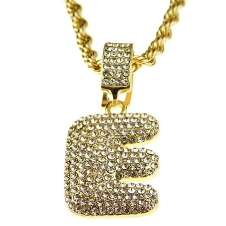 Bubble Letter E Block Initial 24" Rope Chain Bling Pendant Gold Finish Monogram Name Necklace