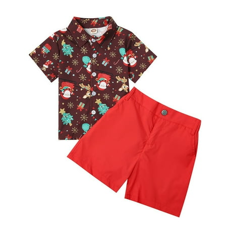 

None Christmas Clothes Toddler Kids Baby Boy Santa Deer Print Short Sleeve T Shirt Red Shorts Gentleman Suit Xmas 2pcs Outfits Set 4 Piece Set Baby