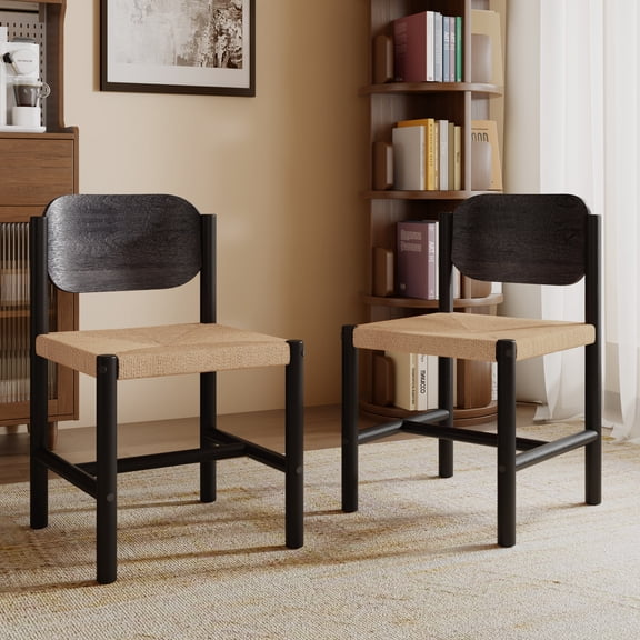 Set of 2 Wooden Dining Chairs with Beige Paper Rope Weave Seat, Indoor Armless Kitchen Chairs