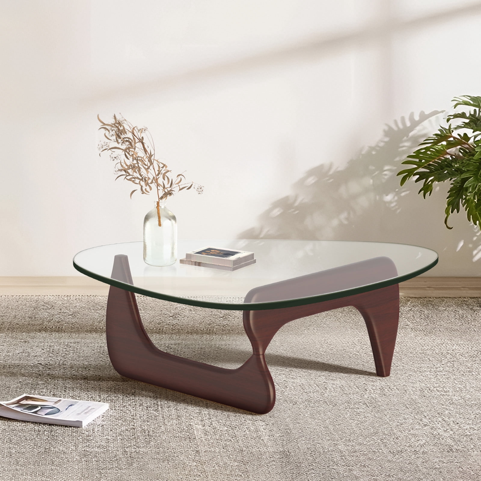Cottinch 50" Triangle Glass Coffee Table with Wood Base for Living Room Office, Dark Walnut
